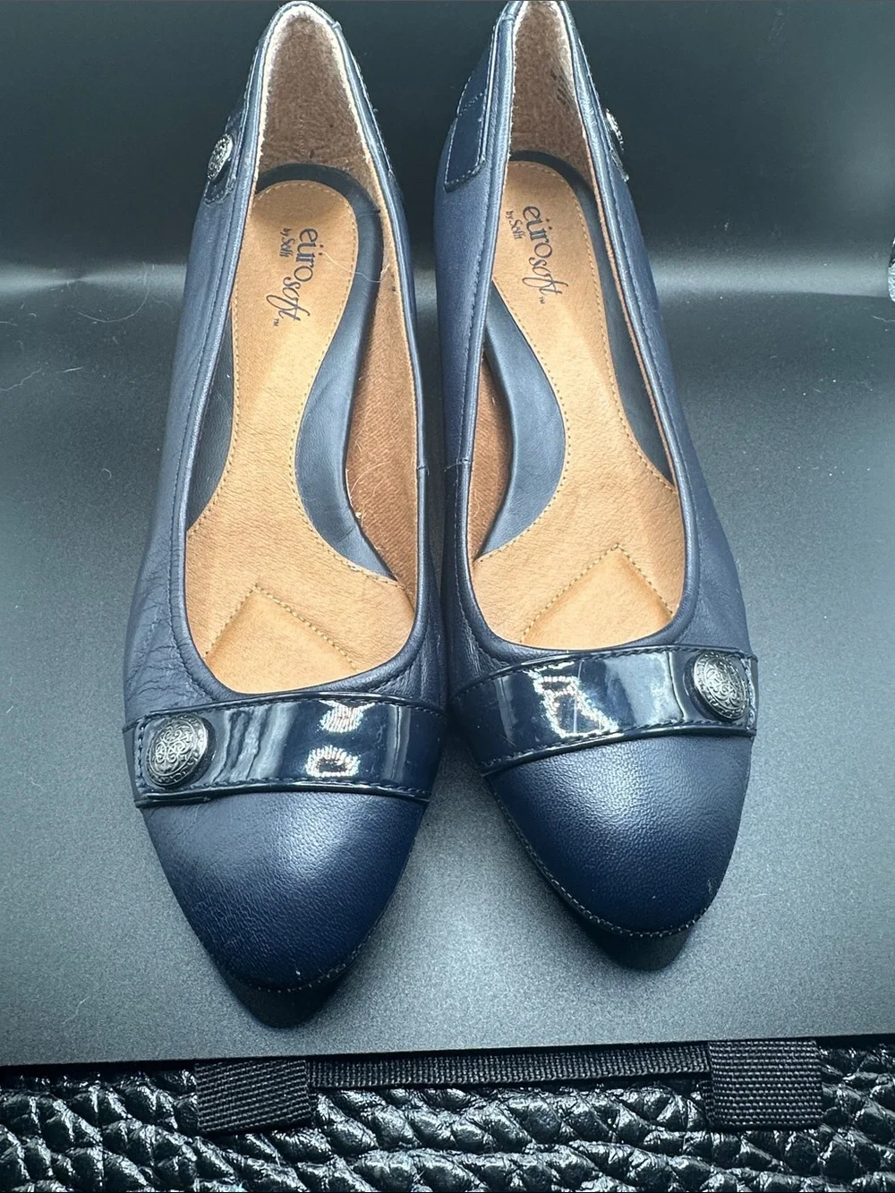 Women’s Navy Leather Ballet Flats with Decorative Button
